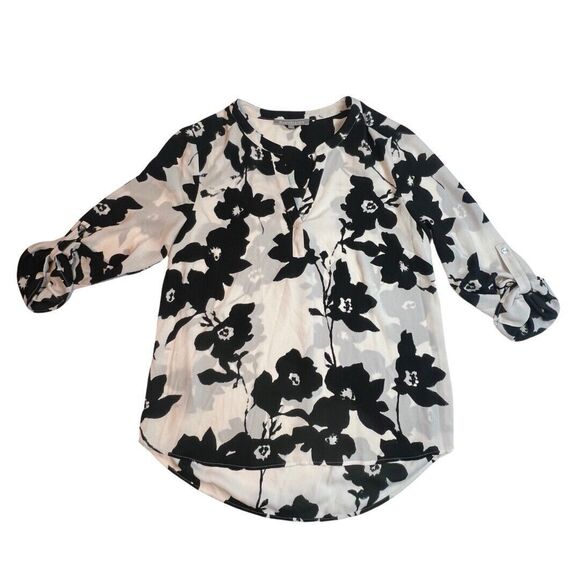 Daniel Rainn Tops - Daniel Rainn Blouse Women Petite Medium White Black Floral High Low Sheer Tunic
